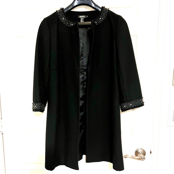 Dkny Jackets & Blazers - DKNY Vintage Black Beaded Collar & Cuff Wool Opera Coat Dress Size 12